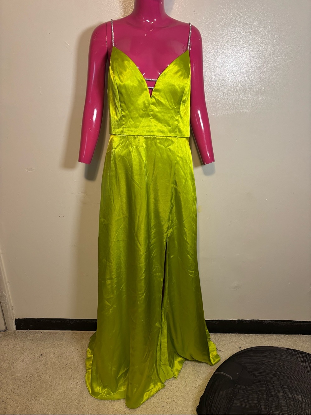 Joules Lime Green Satin Prom Gown with Rhinestone Strapsi (Small stain)